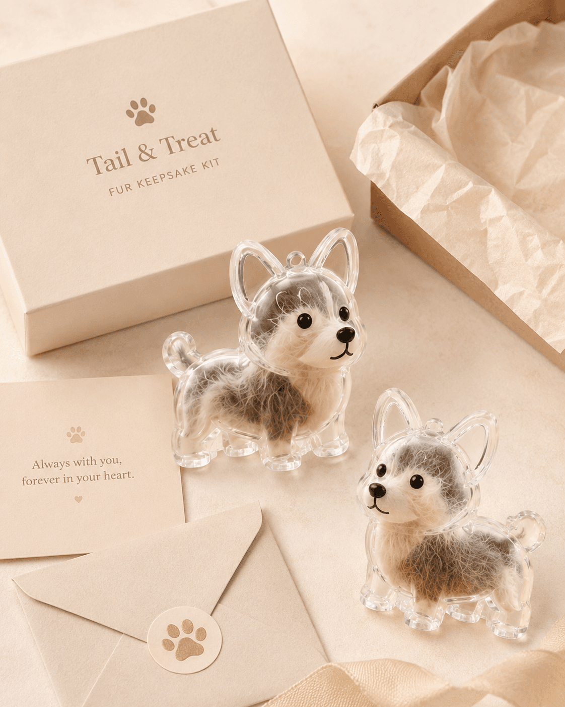 Fur Keepsake Keychain with clear pet-shaped keepsake keychains, memory card, envelope, and gift-ready packaging