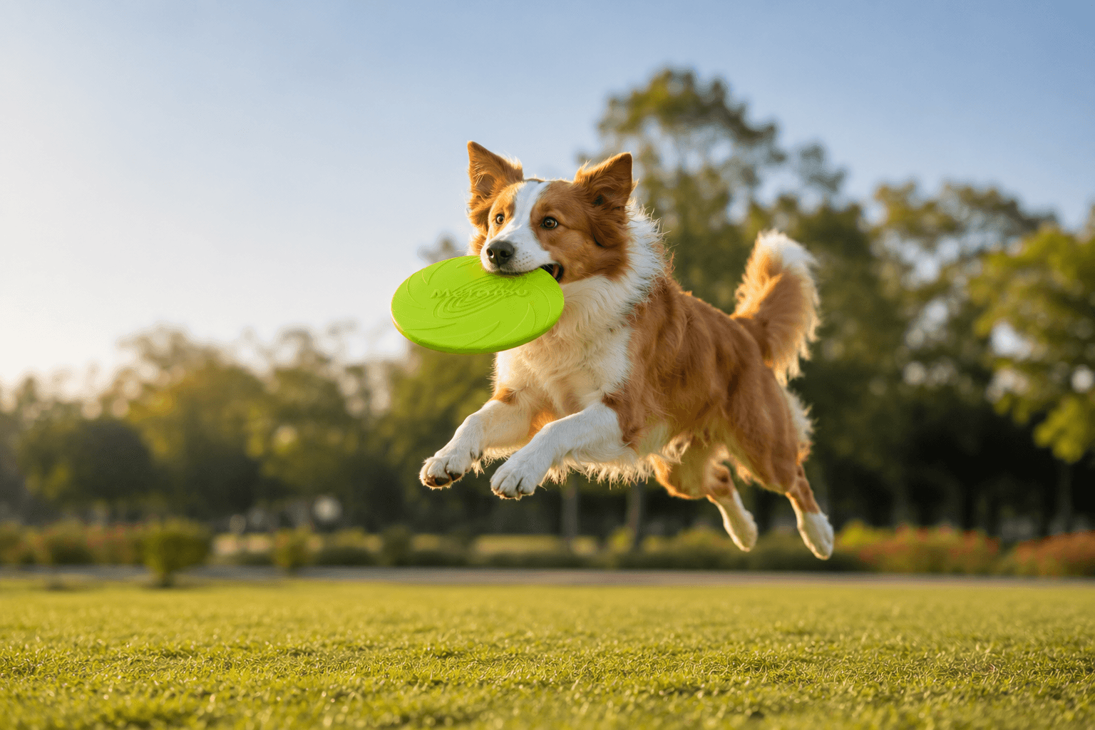 Dog catching a green training disc outdoors