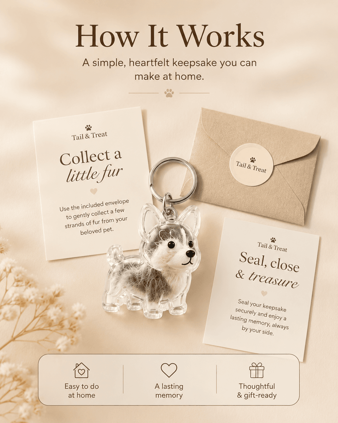 How the Fur Keepsake Keychain works with collection card, envelope, and clear pet-shaped keychain