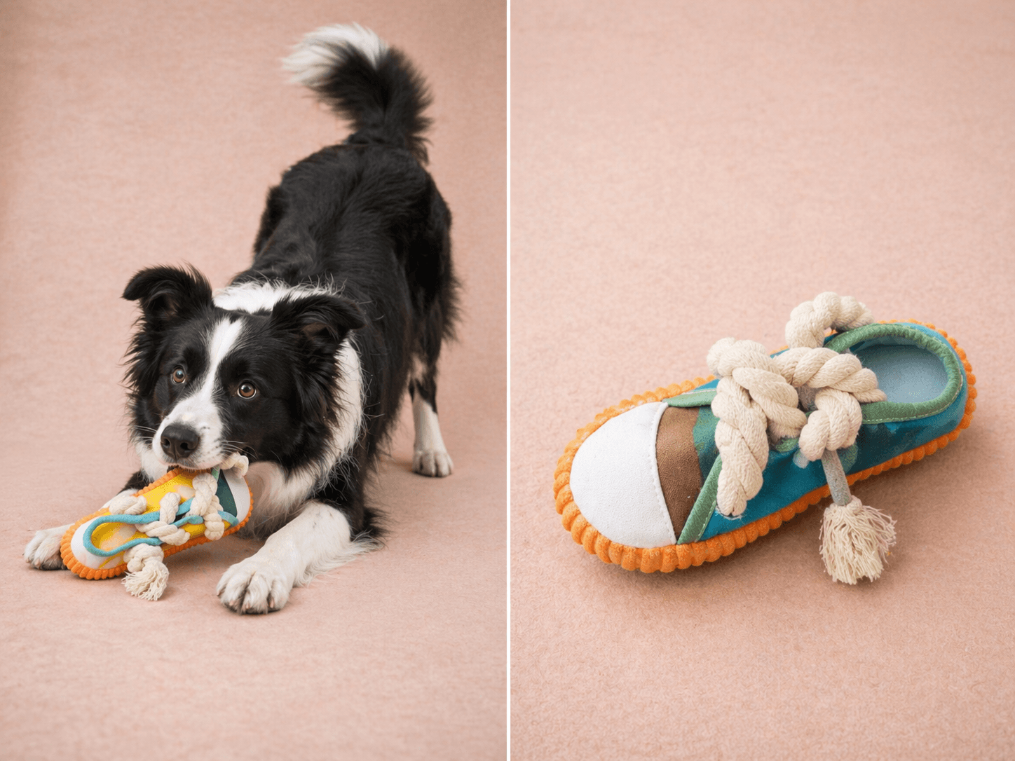 Plush slipper dog toy with rope tassels
