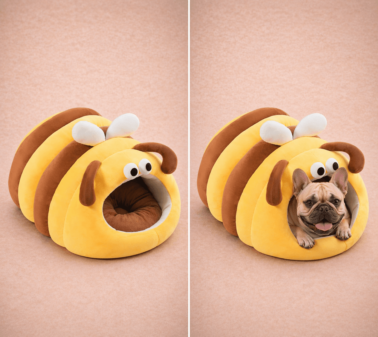 Yellow bumblebee-shaped plush cave dog bed
