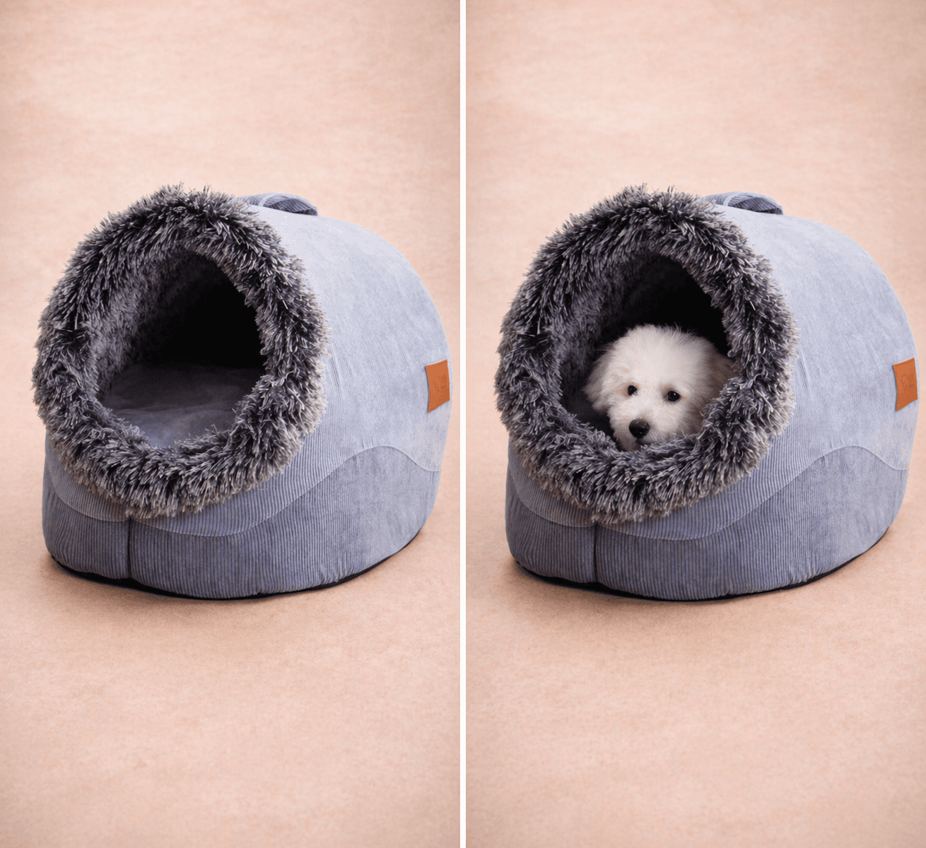 Blue denim and faux fur igloo cave dog bed