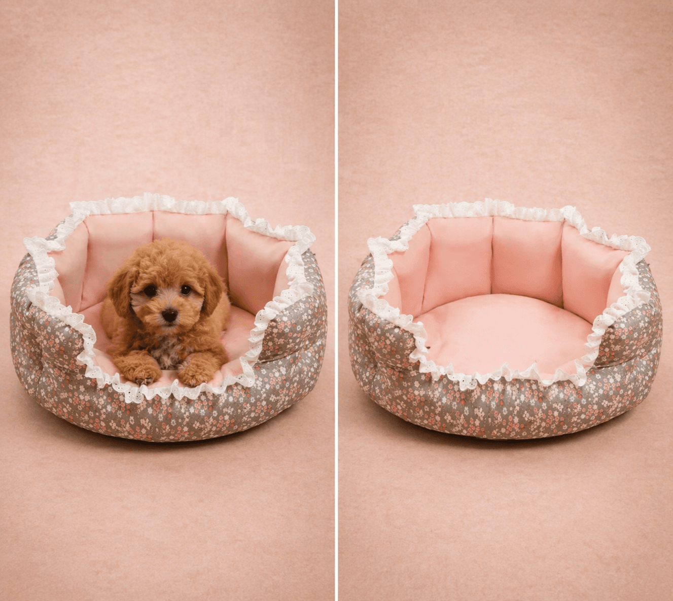 Floral cotton round dog bed with lace trim and pink interior