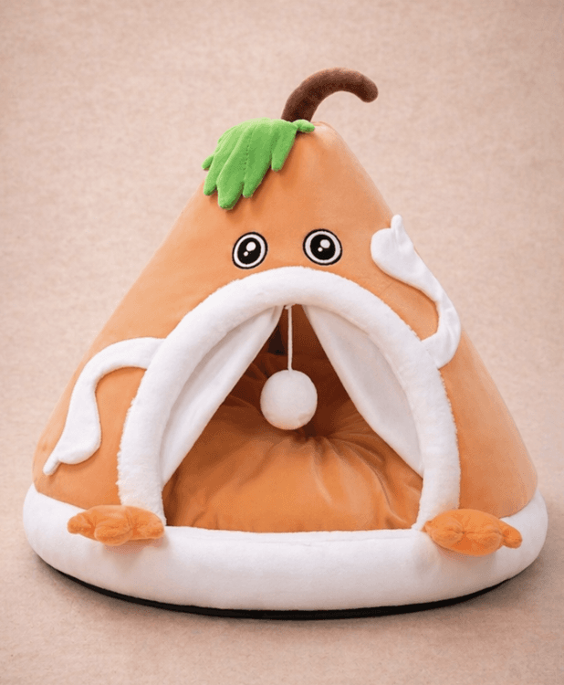 Orange persimmon-shaped plush tent cave dog bed