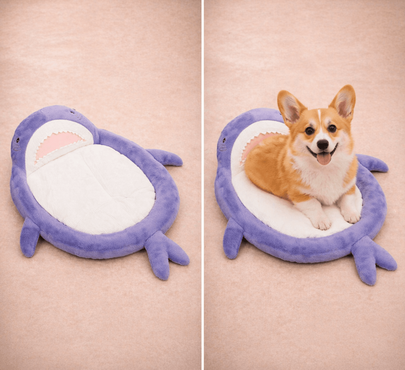 Purple plush shark-shaped flat dog mat bed