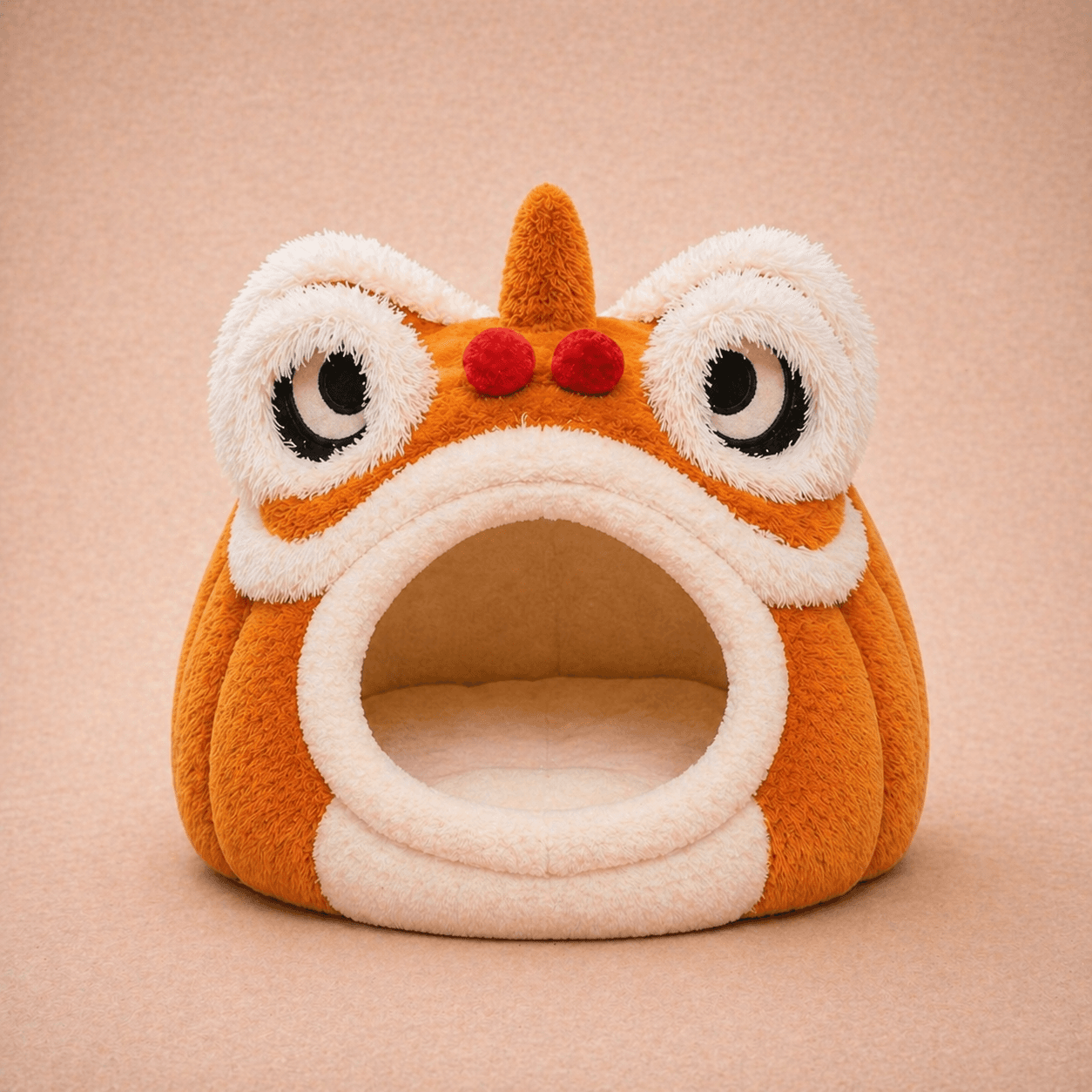 Orange and white lion dance mask-inspired plush cave dog bed
