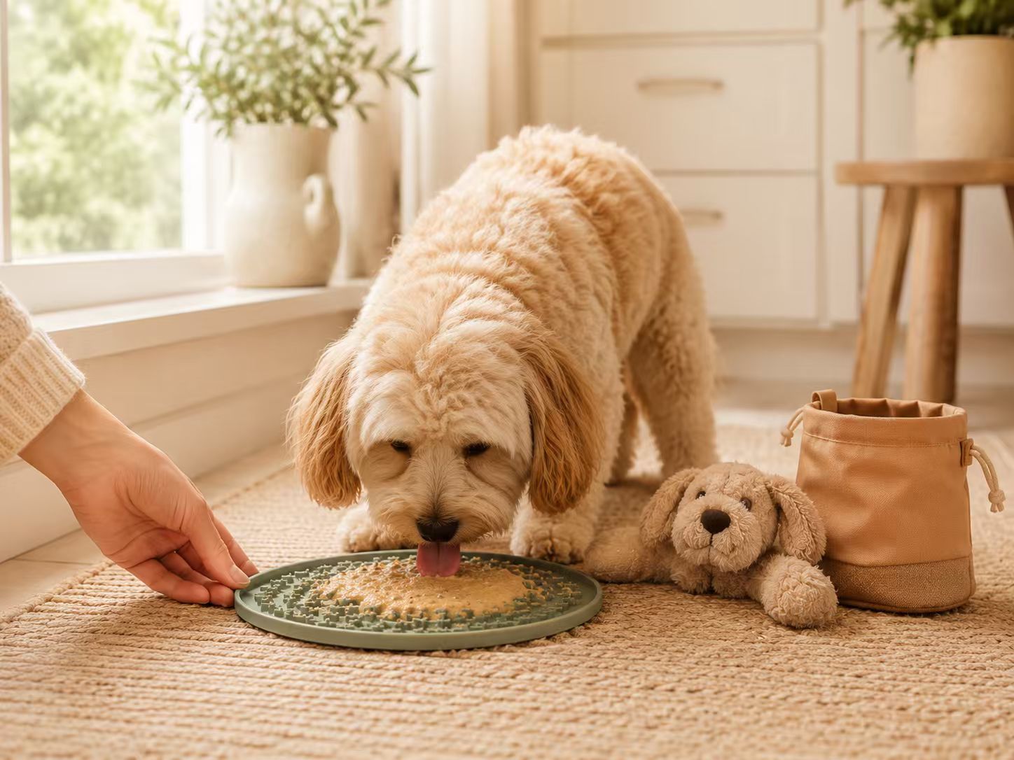 Dog licking a prepared lick mat during a calm home routine
