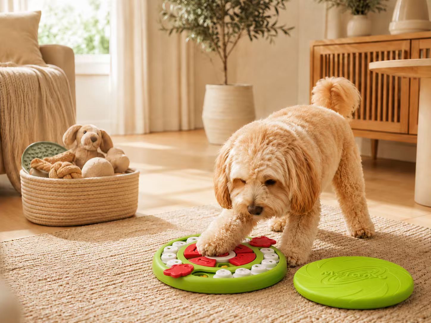 Dog using a puzzle toy during a short reward and training session