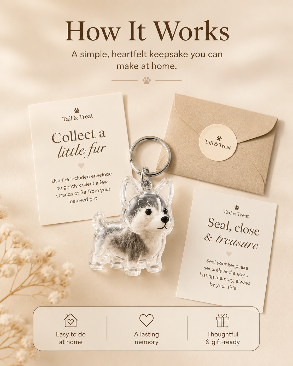 How the Fur Keepsake Kit works with collection card, envelope, and clear pet-shaped keychain