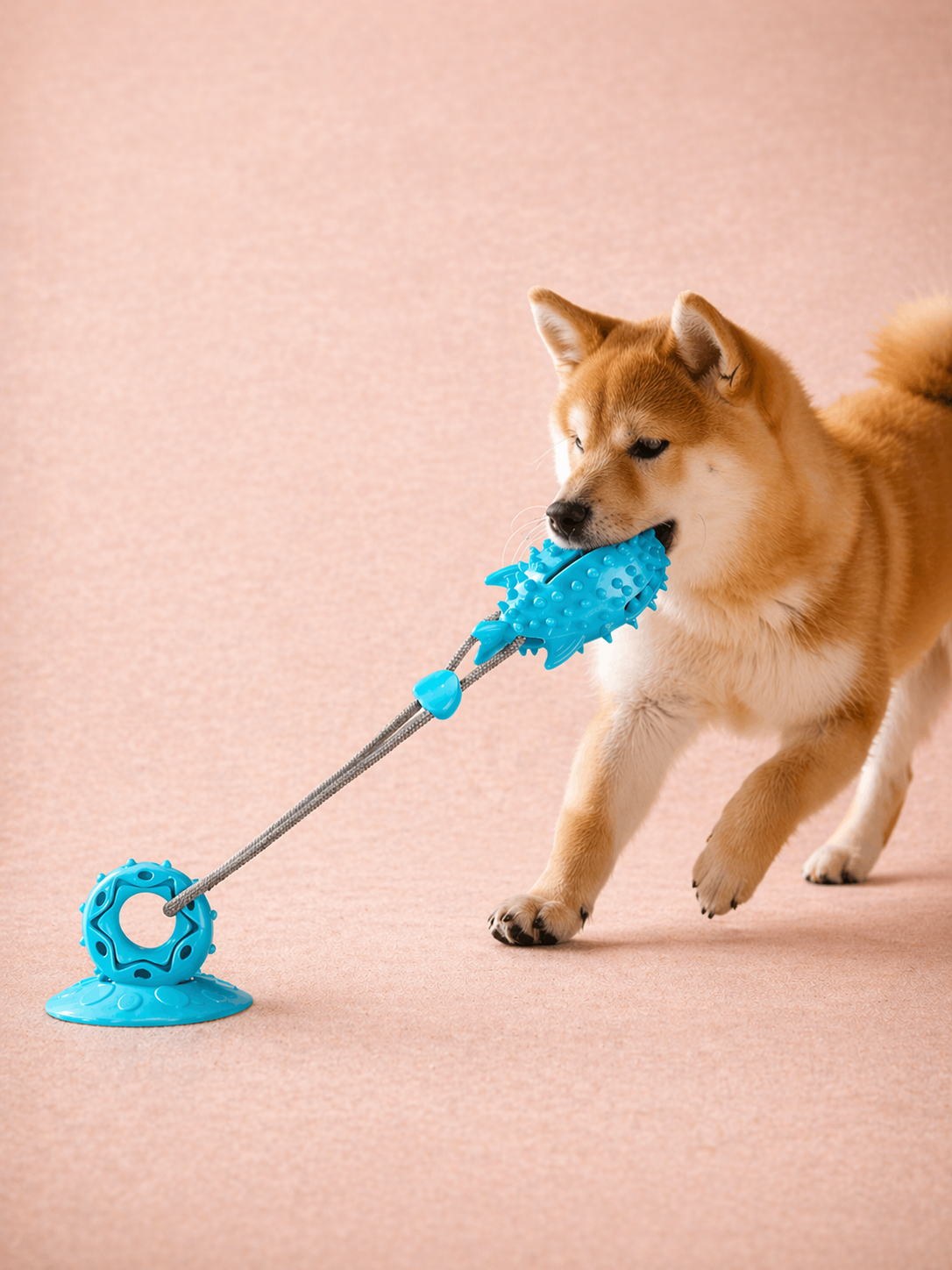 Blue TPR suction cup tug and chew toy