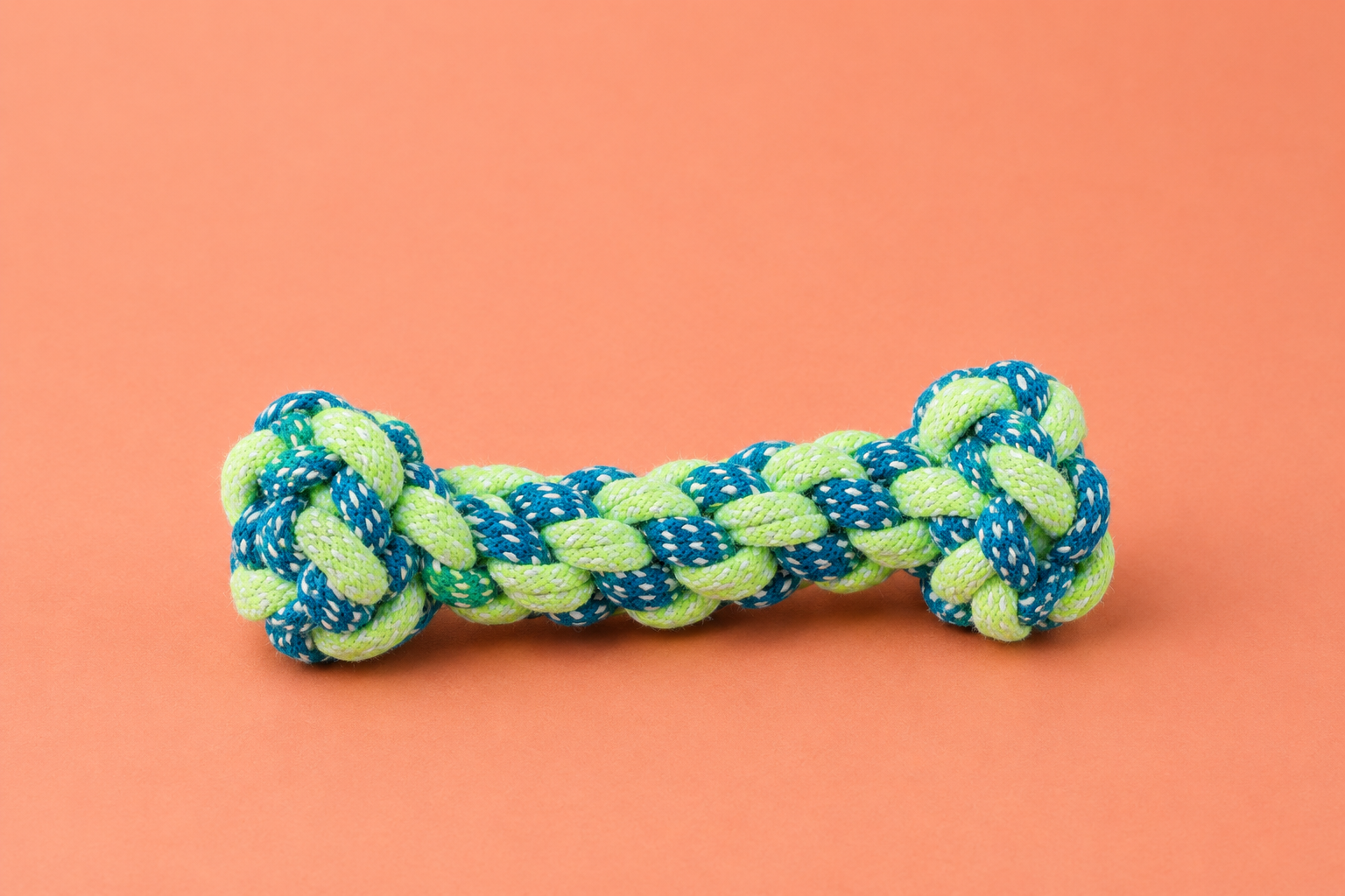 Blue and green bone-shaped braided rope tug toy