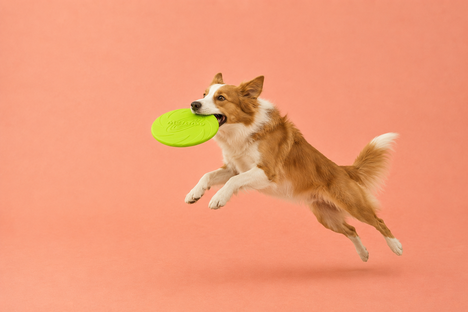 Dog catching a green training flyer disc