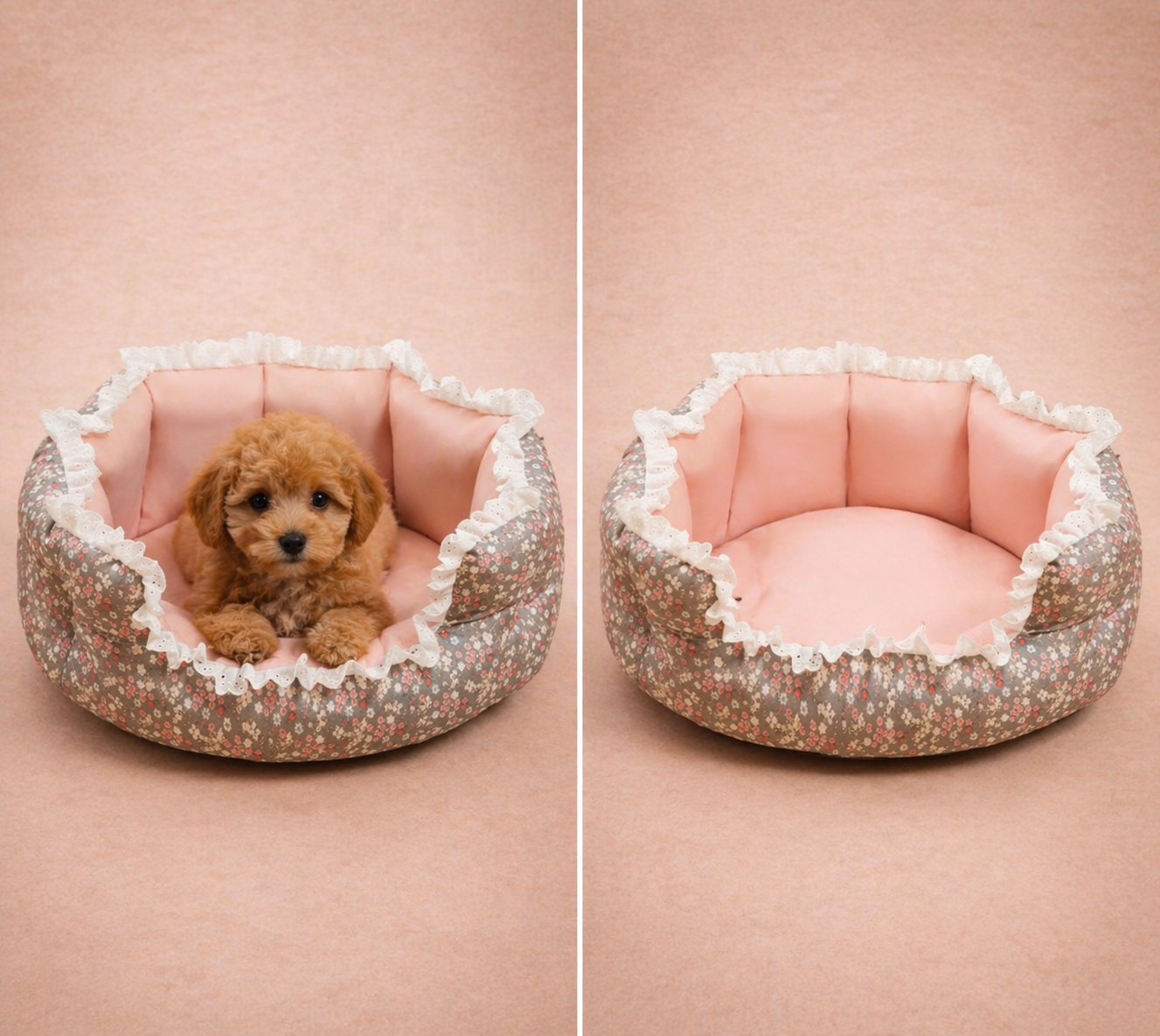 Floral cotton round dog bed with lace trim and pink interior