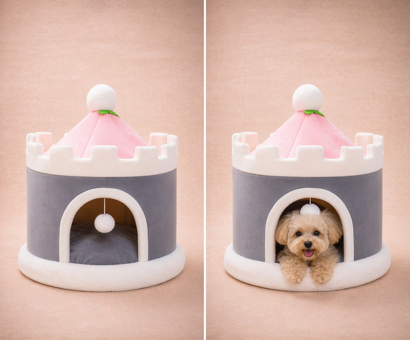 Grey and pink felt castle dome pet house
