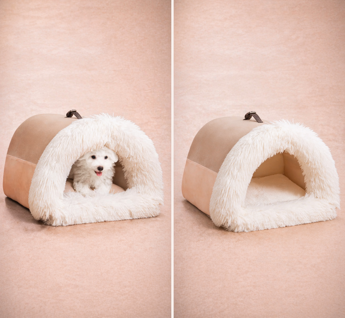 Beige canvas and cream faux fur igloo cave dog bed