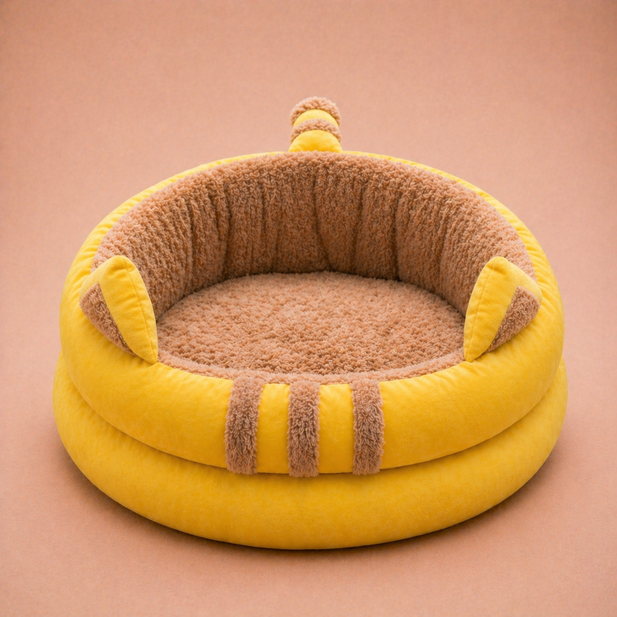 Yellow Pikachu-inspired round bolster pet bed with sherpa interior and ear details